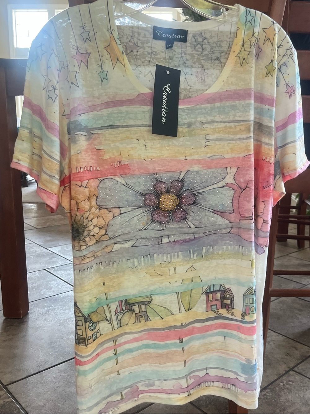 Pastel Floral & Stripe Scoop Neck Tee - Multi color floral and beach XXL NEW!